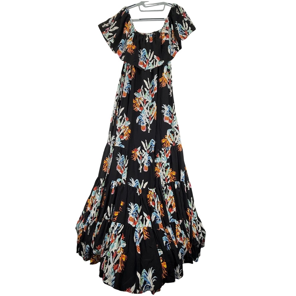 Rebecca Minkoff Black Silk Tropical Floral Tiered Off-Shoulder Maxi Dress Size 6